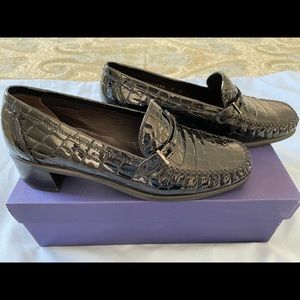Stuart Weitzman black croc patent leather loafers